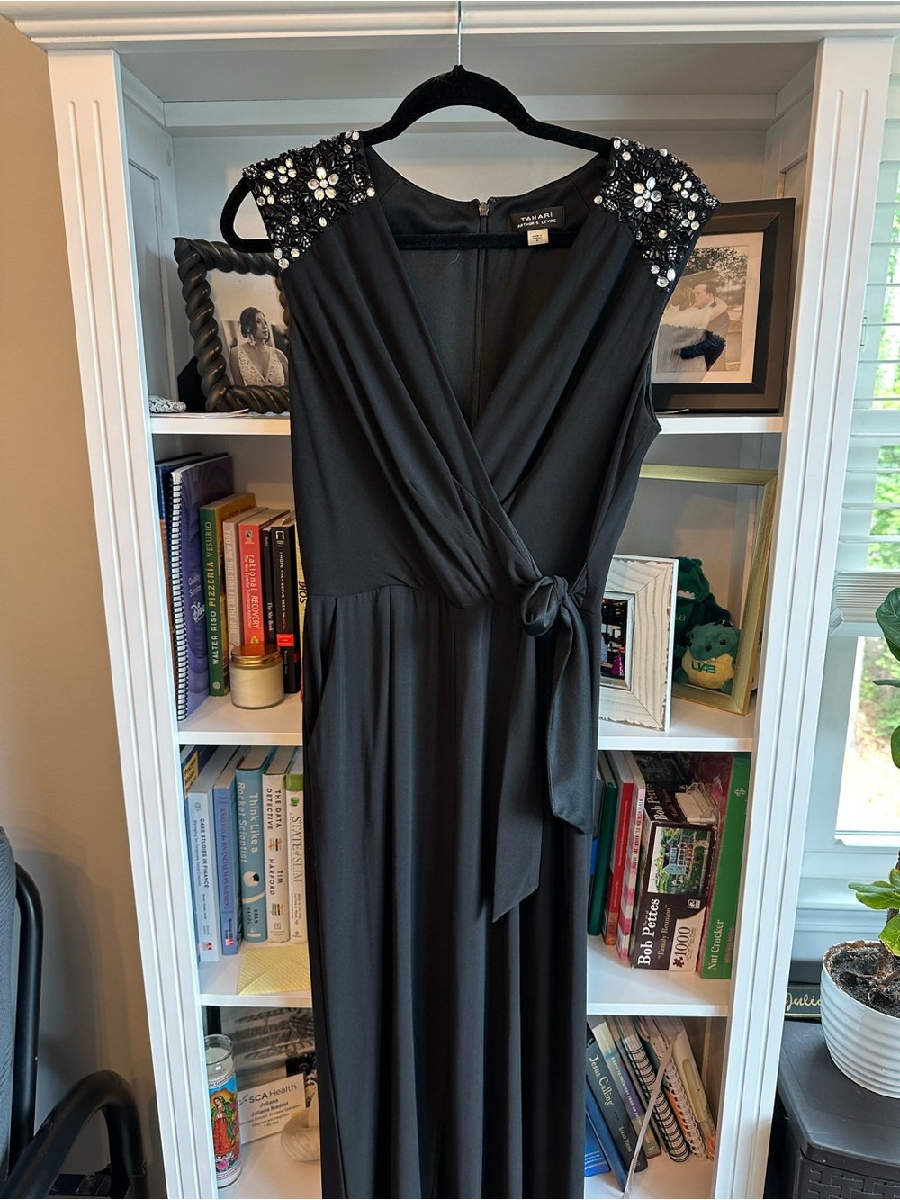 Tahari Black Embellished Cap-Sleeve Jumpsuit